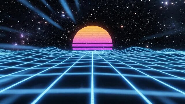 P47-Retro 80s video game background with grid of blue light streaking in space 4K 10s
