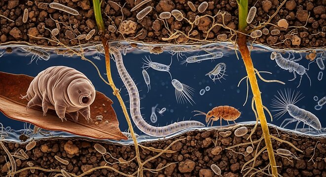 Microscopic View of Soil Ecosystem with Microorganisms.