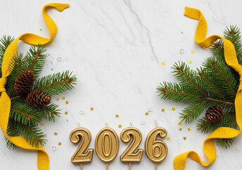 Gold 2026 Candles with Pine and Confetti