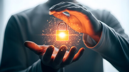 Businessman holding glowing orange lock with particles on fingertips in modern office setting with blurred background