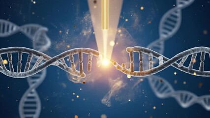 Genetic engineering concept showing a DNA double helix being precisely modified by a powerful energy beam, symbolizing advanced gene editing and biotechnology research.