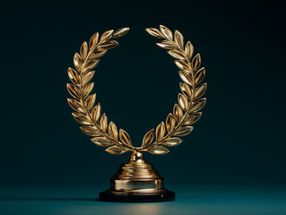 A golden laurel crown trophy stands erect on a reflective pedestal against a dark green backdrop. Its brilliant metallic finish symbolizes victory, success, and accomplishment in competitions.
