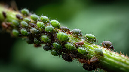 Aphids densely clustered on a green plant stem in a natural garden environment showing agricultural pest infestation and plant damage concept