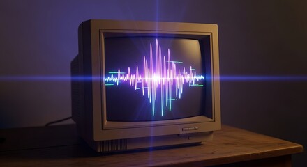 Retro computer monitor displaying audio waveform on wooden table