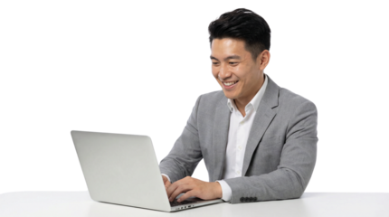 Happy Asian Professional Man Using Laptop in Gray Suit