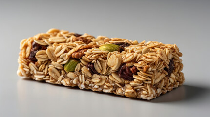 Golden brown granola bar with oats, nuts, and dried fruit, angled view on light gray background, professional stock photograph