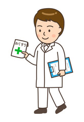 薬を手に持って届けに行く若い男性薬剤師