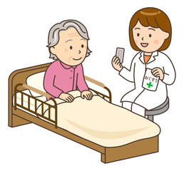 ベッドサイドでおばあさんに服薬指導する若い女性薬剤師