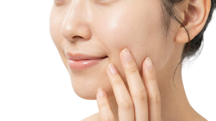 Young Asian Woman with Healthy Glowing Skin Touching Cheek