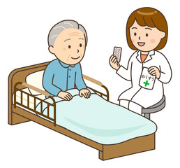 ベッドサイドでおじいさんに服薬指導する若い女性薬剤師