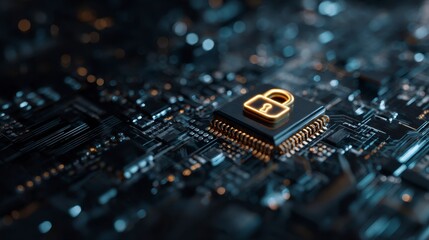 Close-up of a circuit board with a glowing golden padlock symbol, highlighting data security and encryption