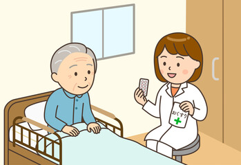 自宅のベッドサイドでおじいさんに服薬指導する女性薬剤師