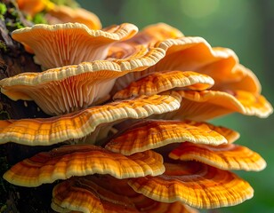 Shelf-like, orange/cream mushrooms sprout from a tree trunk. Natural light, shallow depth of field, and green backdrop