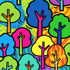 Colorful Forest Pattern with Stylized Trees and Vibrant Foliage