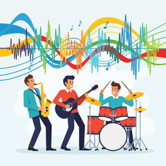 Colorful Jazz Band Performing with Saxophone, Guitar, and Drums on Stage