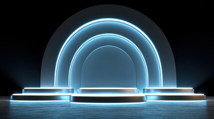Futuristic stage with blue neon lights and multiple product display platforms on a dark background