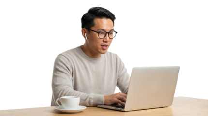 Asian Man Working on Laptop with Earbud and Coffee Cup