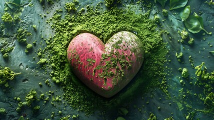 Soft Pink Heart Appears Inside Green Matcha Dust Layer Inviti