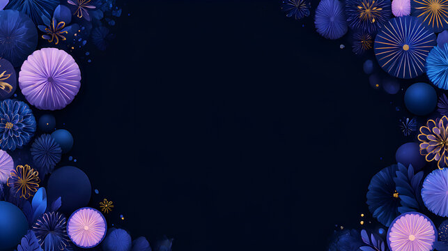 ダークブルーの幻想フレーム｜花が縁取るシンプルな背景デザイン