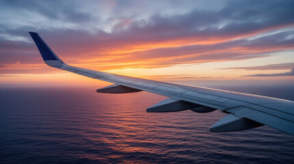 Fototapeta premium Serene Sunset Flight Over Calm Ocean White Airplane Wing and Winglets Symbolizing Freedom Against Vibrant Orange-Pink Sky
