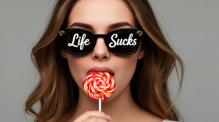 Humorous Close-up Portrait of a Woman Wearing 'Life Sucks' Sunglasses and Savoring a Red-Yellow Swirled Lollipop