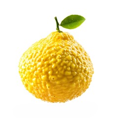 A fresh Ugli fruit featuring its distinctive wrinkled yellow rind and attached green leaf, highlighting natural texture and organic freshness.