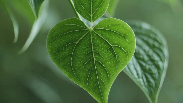 Close-up of fresh green heart-shaped leaves with visible veins, soft blurred green bokeh background, nature minimalism, eco harmony, peaceful and refreshing