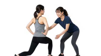 Female Personal Trainer Coaching Woman Doing Lunge Exercise on White Background