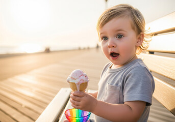 Child with Ice Cream at Sunset by the Pier