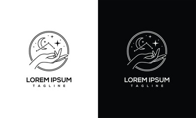 Mystic Hand Holding Moon and Stars Logo - Celestial Magic Icon.