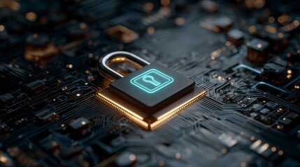 A close-up view of a computer circuit board features a glowing lock symbol, representing security and protection. Tiny lights dot the dark surface