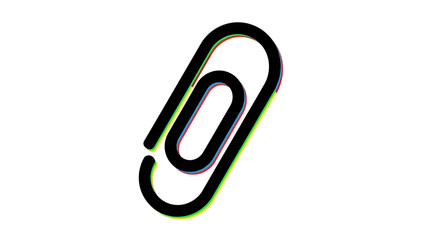 Obraz premium Stylized paperclip icon showing chromatic aberration effect with black outline and vibrant red cyan and yellow color separation on white background vector