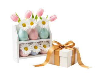 Pastel Vases with Flowers and Gift Box on White Shelf