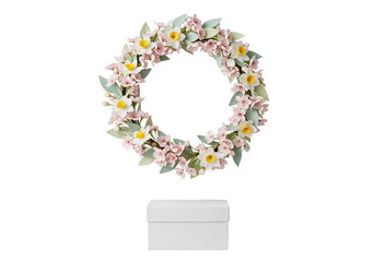 Floral Wreath Displayed Above White Pedestal