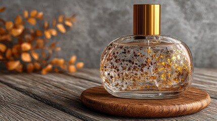 Clear glass fragrance container with shimmering metallic flakes rests on a wooden base