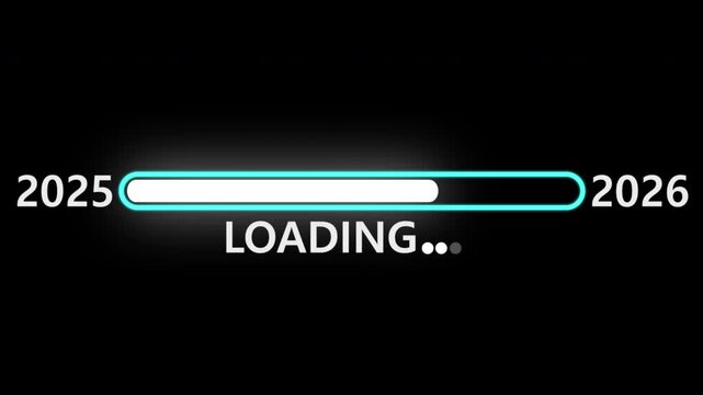 Loading progress animation 2025 to 2026, futuristic progress bar filling horizontally on black background, digital timeline loading indicator showing year transition with glowing modern interface styl