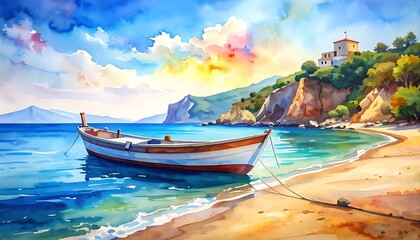 Serene watercolor painting of a boat moored on a sunny beach near a cliffside building and distant mountains