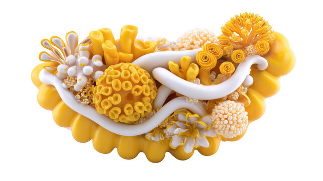 Colorful 3d rendering of enzyme breakdown process happening inside human intestine with transparent background, showing complex biological functions and digestive system