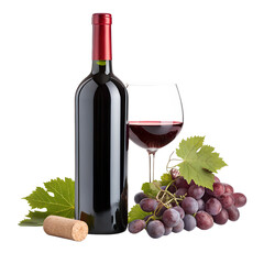 Red Wine Bottle with Glass and Fresh Grapes Garnish Isolated on White