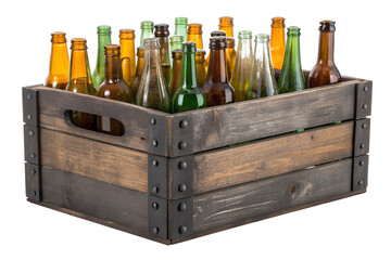 Vintage Glass Bottles in Rustic Wooden Crate Storage Box Isolated on White