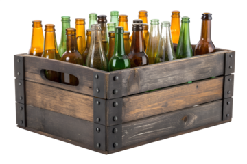 Vintage Glass Bottles in Rustic Wooden Crate Storage Box Isolated on White