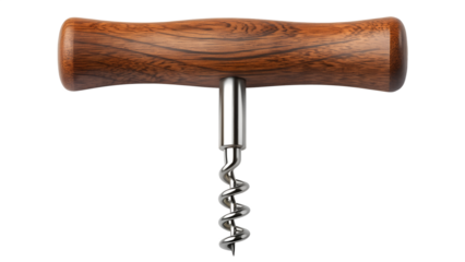 Vintage T-Shaped Wine Corkscrew with Polished Wood Handle Isolated on White