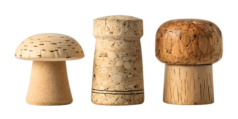 Set of Three Assorted Natural Wine and Champagne Bottle Corks Isolated on White