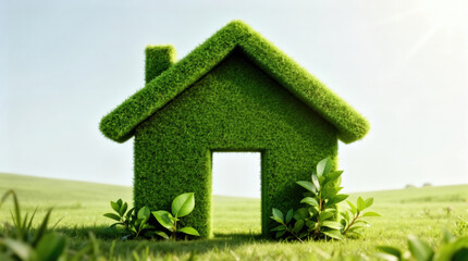 Lush Green Home with Grass-Covered Roof Amid Rolling Hills and Clear Blue Sky Eco Friendly Living Concept
