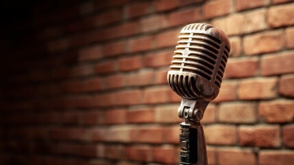Close-up of a vintage microphone set against a brick wall, capturing its metallic texture and stage ambiance