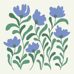 Cute Blue Floral Illustration Set with Leaves in Flat Hand Drawn Style