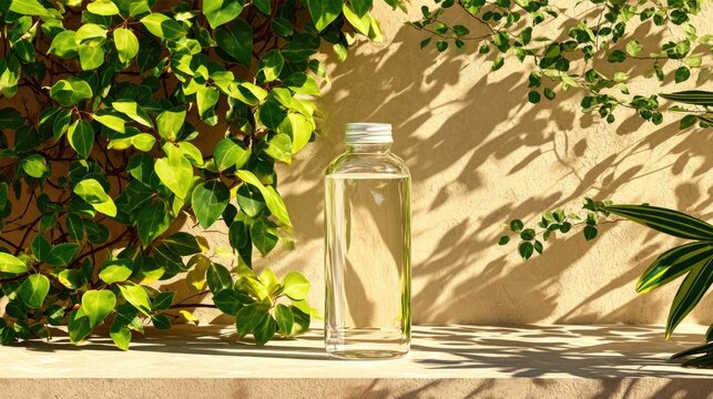Clear cosmetic bottle sits on a ledge surrounded by vibrant green foliage and dappled sunlight