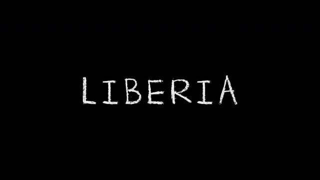 Liberia country name text animation writing on black background