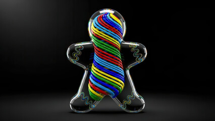 Vibrant Swirled Glass Gingerbread-Man Candy Cane Sculpture on Dark Neutral Background - Festive, Creative, Colorful Design