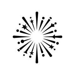 A black and white icon of a fireworks explosion with stars and dots.